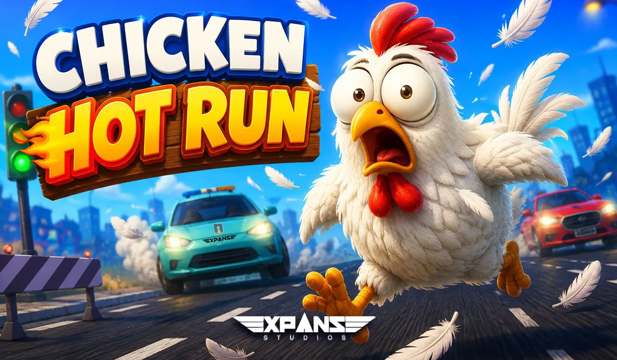 Chicken Hot Run key art: a chicken crossing a busy multi lane highway